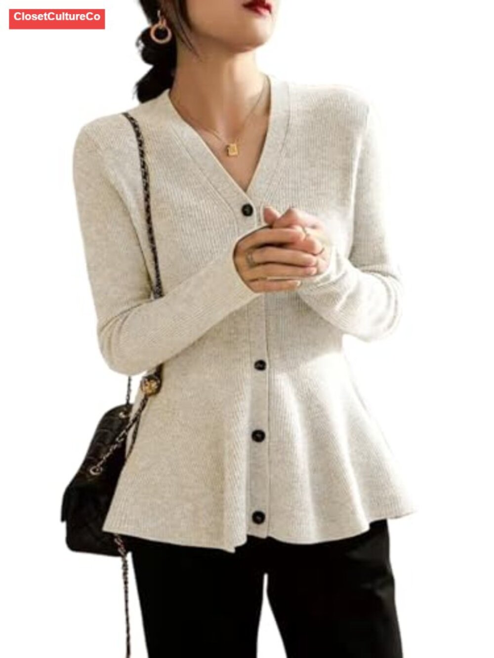 Lightweight Ribbed Knit Peplum Cardigan Button Down Business Casual Sweater